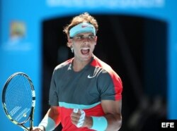 El español Rafael Nadal celebra un punto ante el búlgaro Grigor Dimitrov.